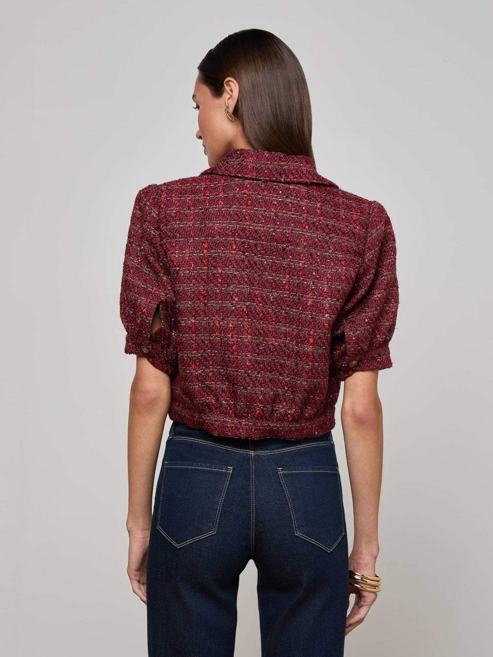 Cove Cropped Tweed Jacket in Brown/Black Cherry Multi Tweed | L'AGENCE online