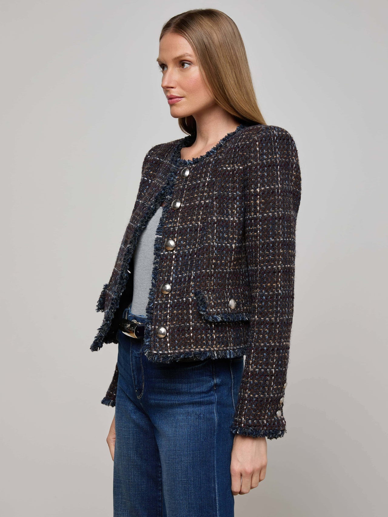 Zaya Tweed Jacket in Midnight Brown Multi Tweed | L'AGENCE sale