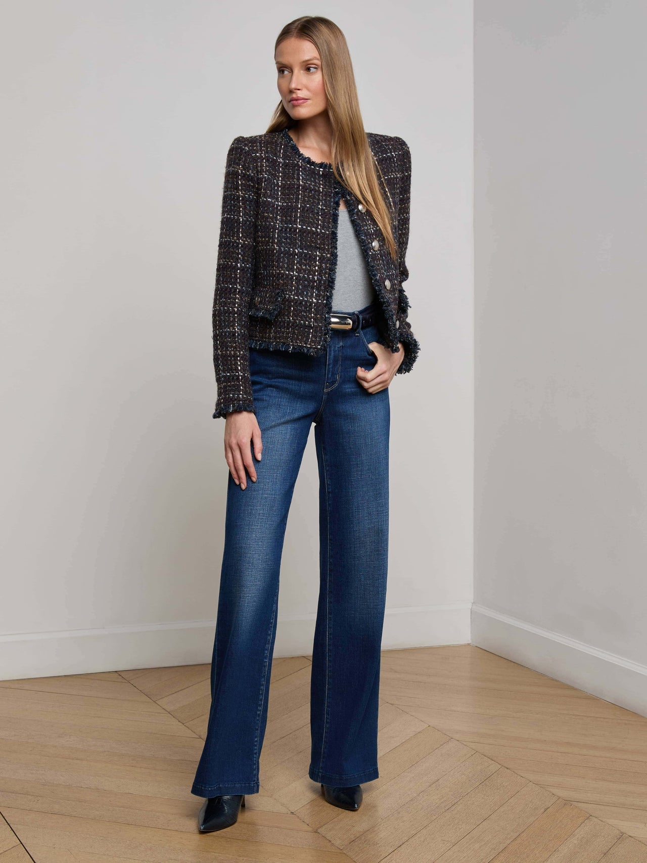 Zaya Tweed Jacket in Midnight Brown Multi Tweed | L'AGENCE sale