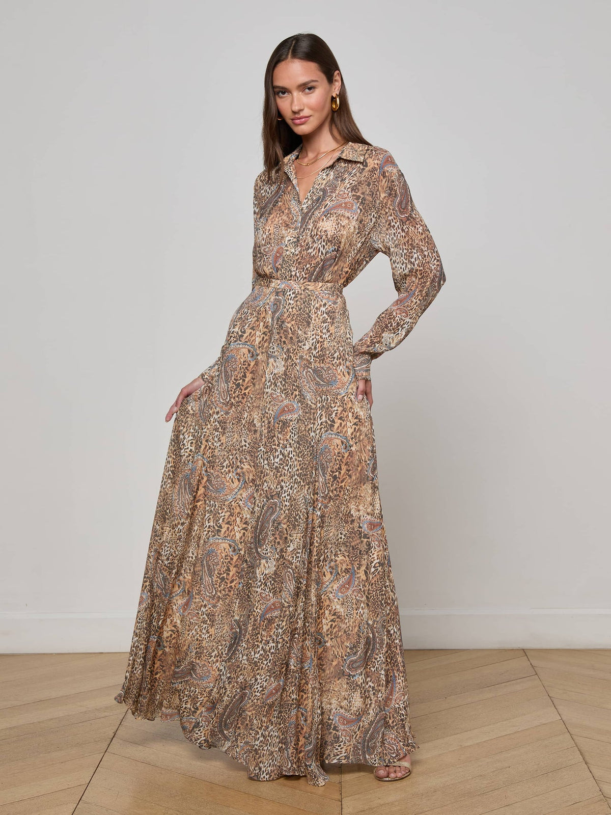 Patricia Maxi Skirt in Brown/Blue Valencia Leopard | L'AGENCE near me