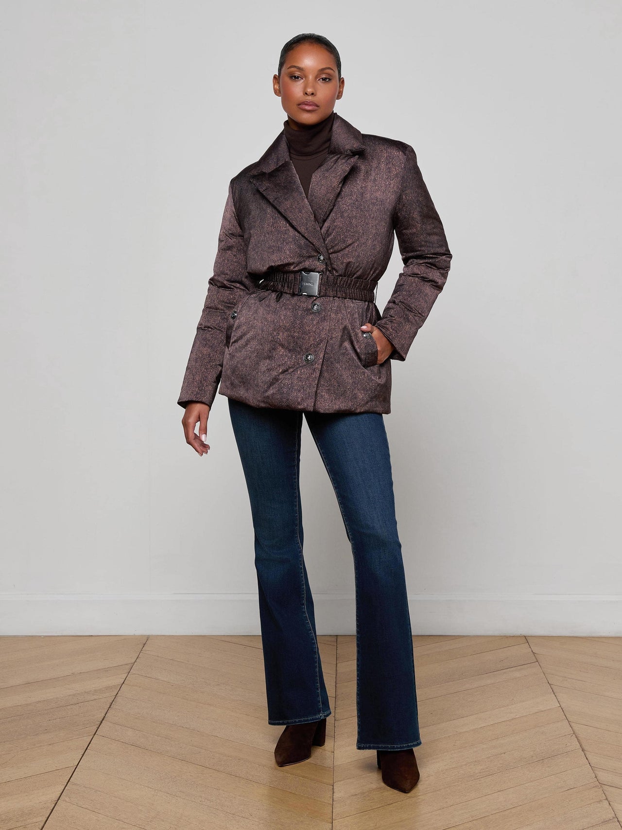 Willene Puffer Jacket in Brown Herringbone Print | L'AGENCE Women