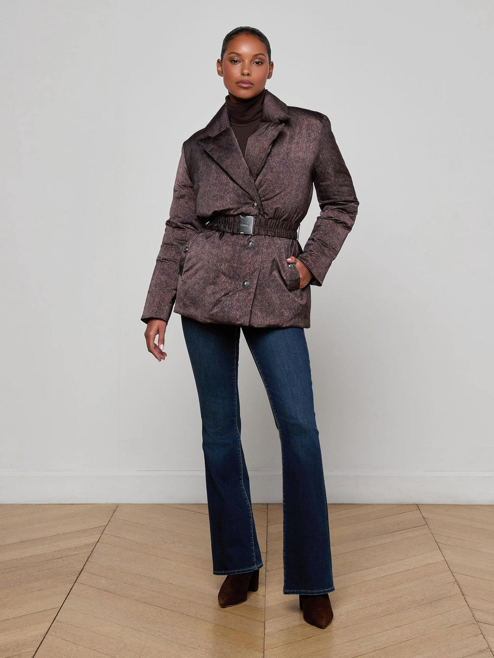 Willene Puffer Jacket in Brown Herringbone Print | L'AGENCE Women