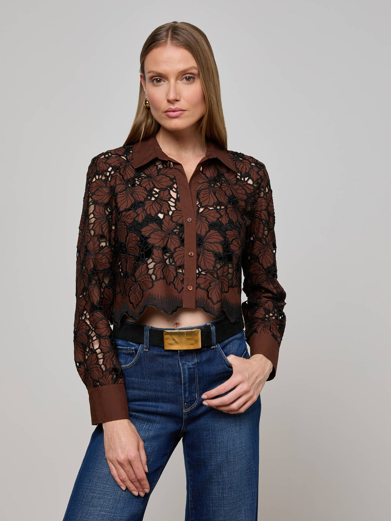 Seychelle Cropped Lace Blouse in Hot Fudge/Black | L'AGENCE discount