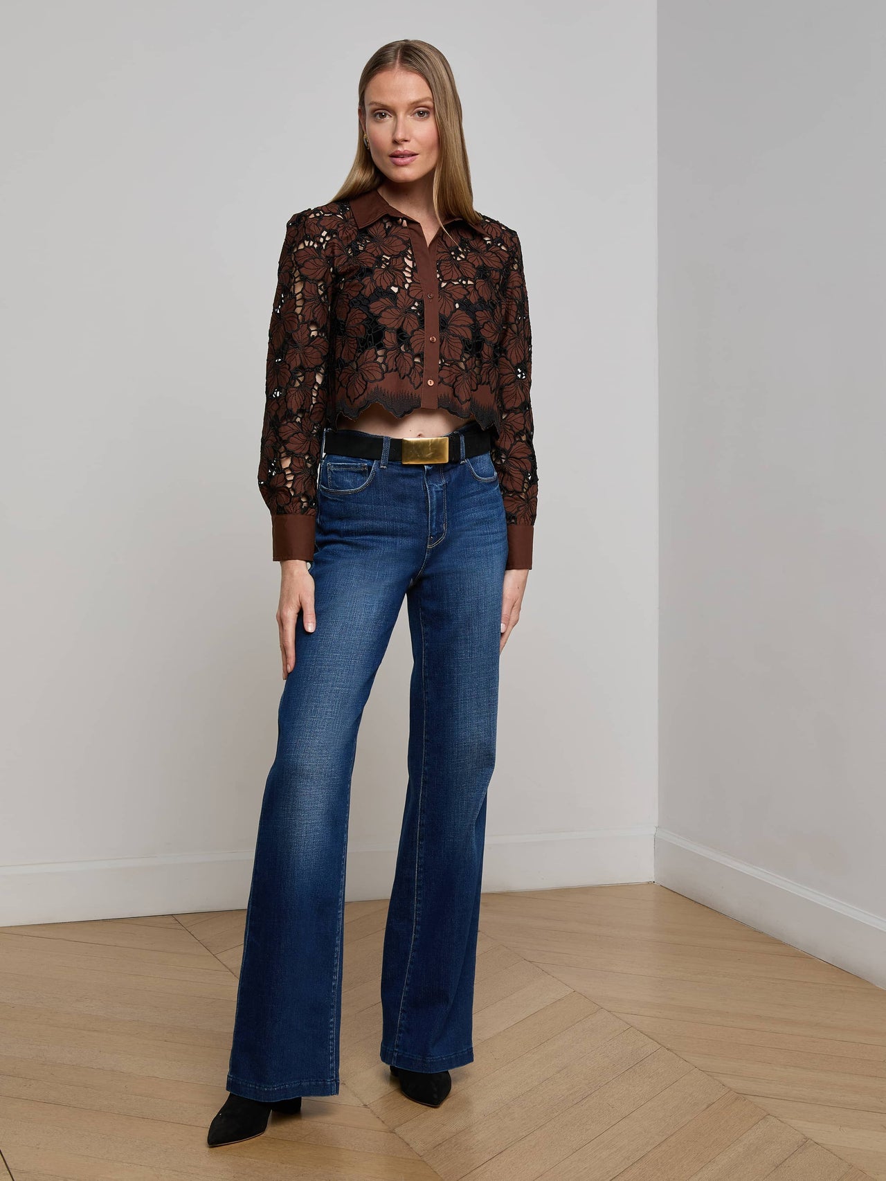Seychelle Cropped Lace Blouse in Hot Fudge/Black | L'AGENCE discount
