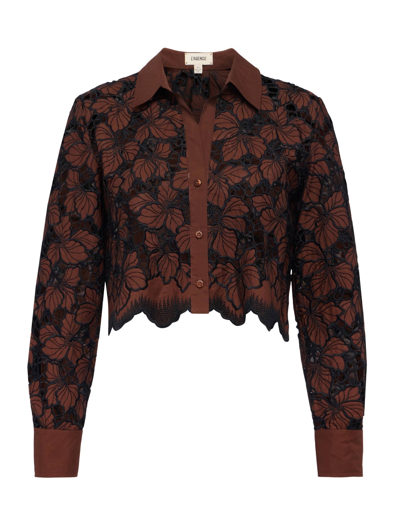 Seychelle Cropped Lace Blouse in Hot Fudge/Black | L'AGENCE discount