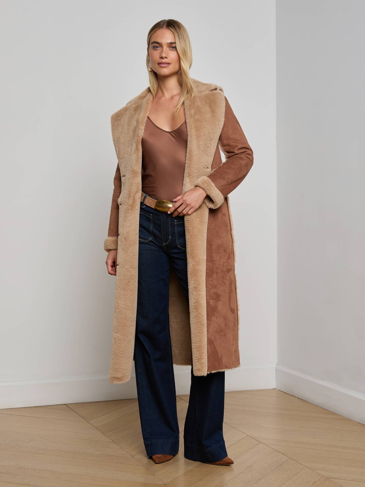 Citron Faux Fur Maxi Coat in Sepia Brown/Light Almond | L'AGENCE discount
