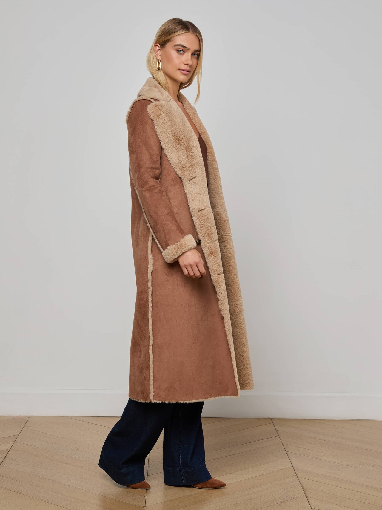 Citron Faux Fur Maxi Coat in Sepia Brown/Light Almond | L'AGENCE discount