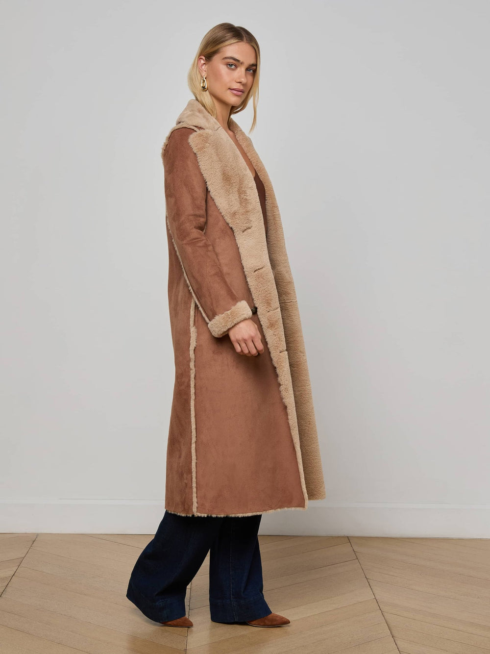 Citron Faux Fur Maxi Coat in Sepia Brown/Light Almond | L'AGENCE discount