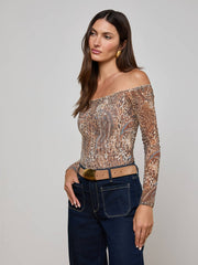 Peonie Off-The-Shoulder Bodysuit in Brown/Blue Valencia Leopard | L'AGENCE Women