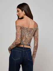 Peonie Off-The-Shoulder Bodysuit in Brown/Blue Valencia Leopard | L'AGENCE Women