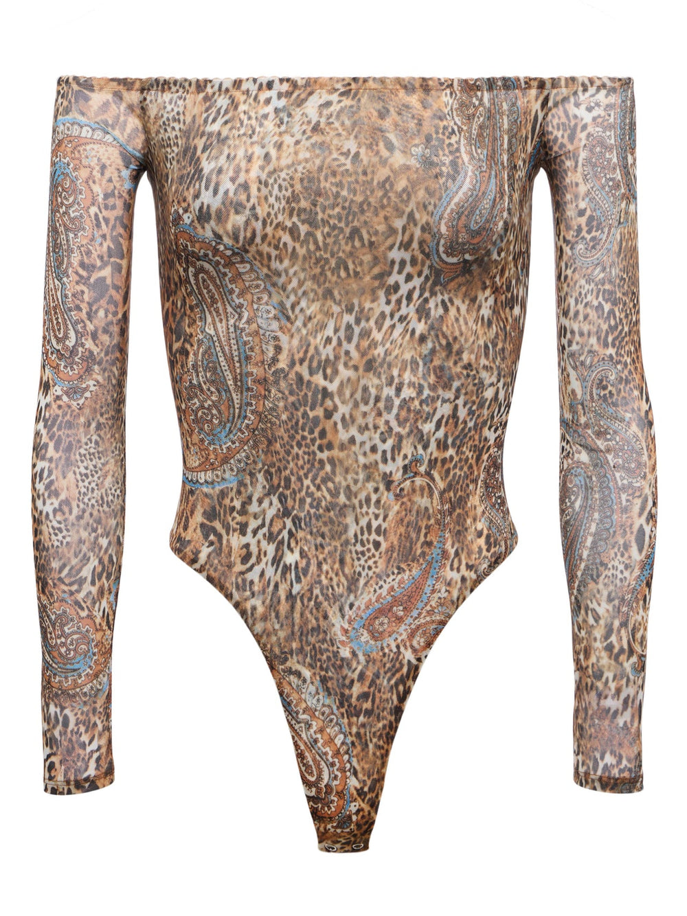 Peonie Off-The-Shoulder Bodysuit in Brown/Blue Valencia Leopard | L'AGENCE Women