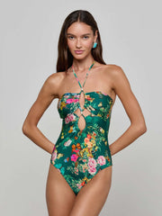 Shiva Keyhole Bandeau One Piece Swimsuit in Bottle Green Multi Charonda Butterfly | L'AGENCE discount