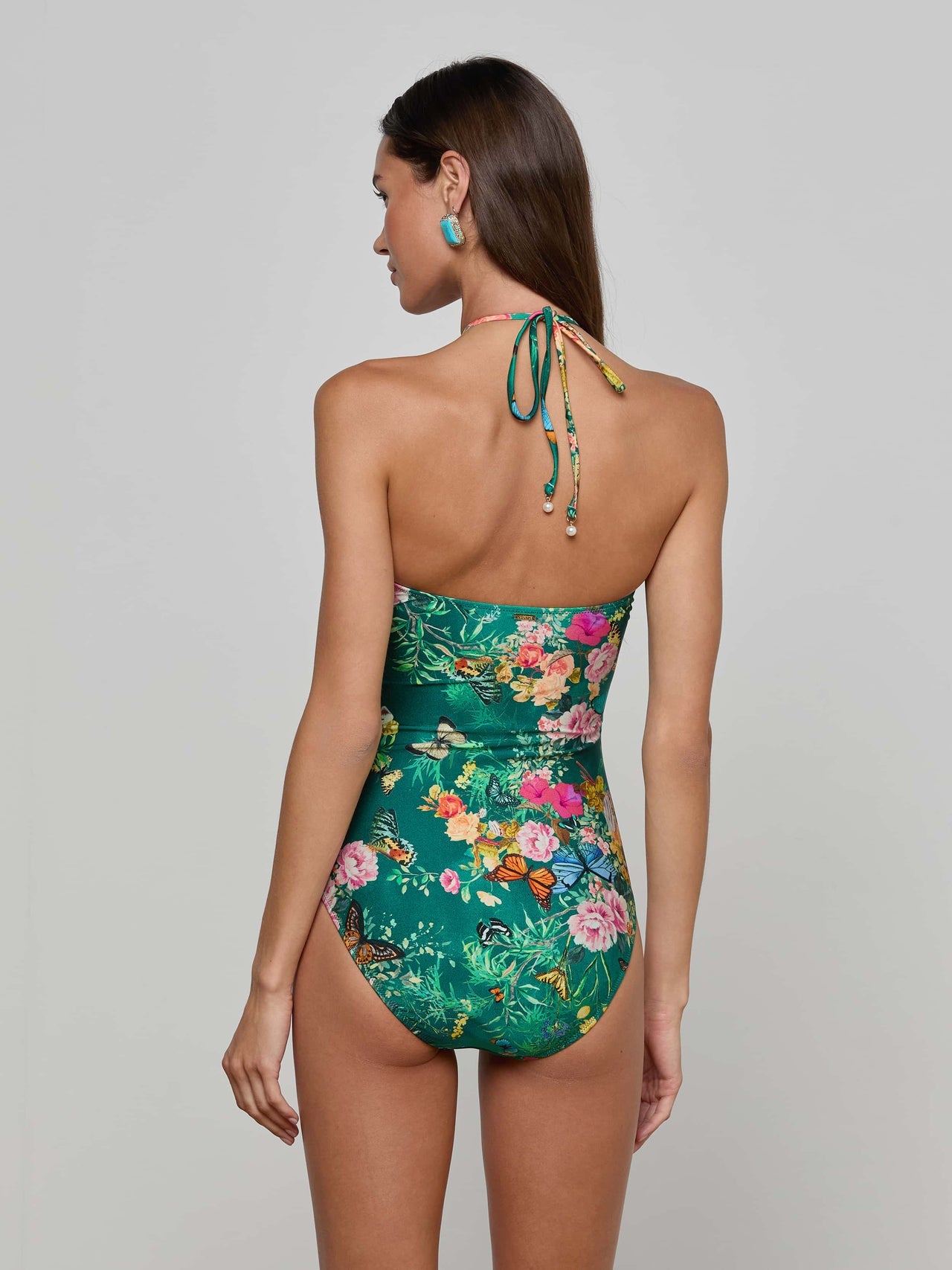 Shiva Keyhole Bandeau One Piece Swimsuit in Bottle Green Multi Charonda Butterfly | L'AGENCE discount