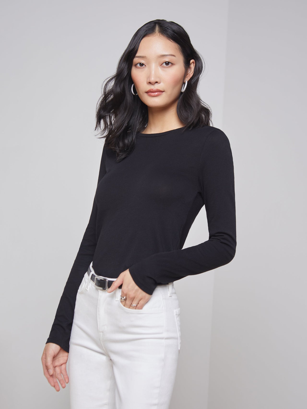 Tess Long Sleeve Tee in Black | L'AGENCE sale
