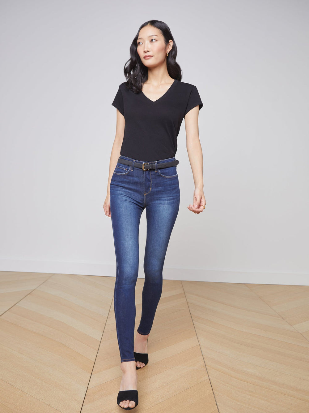 Becca Cotton V-Neck Tee in Black | L'AGENCE Women