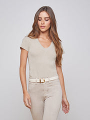 Becca Cotton V-Neck Tee in Biscuit | L'AGENCE online
