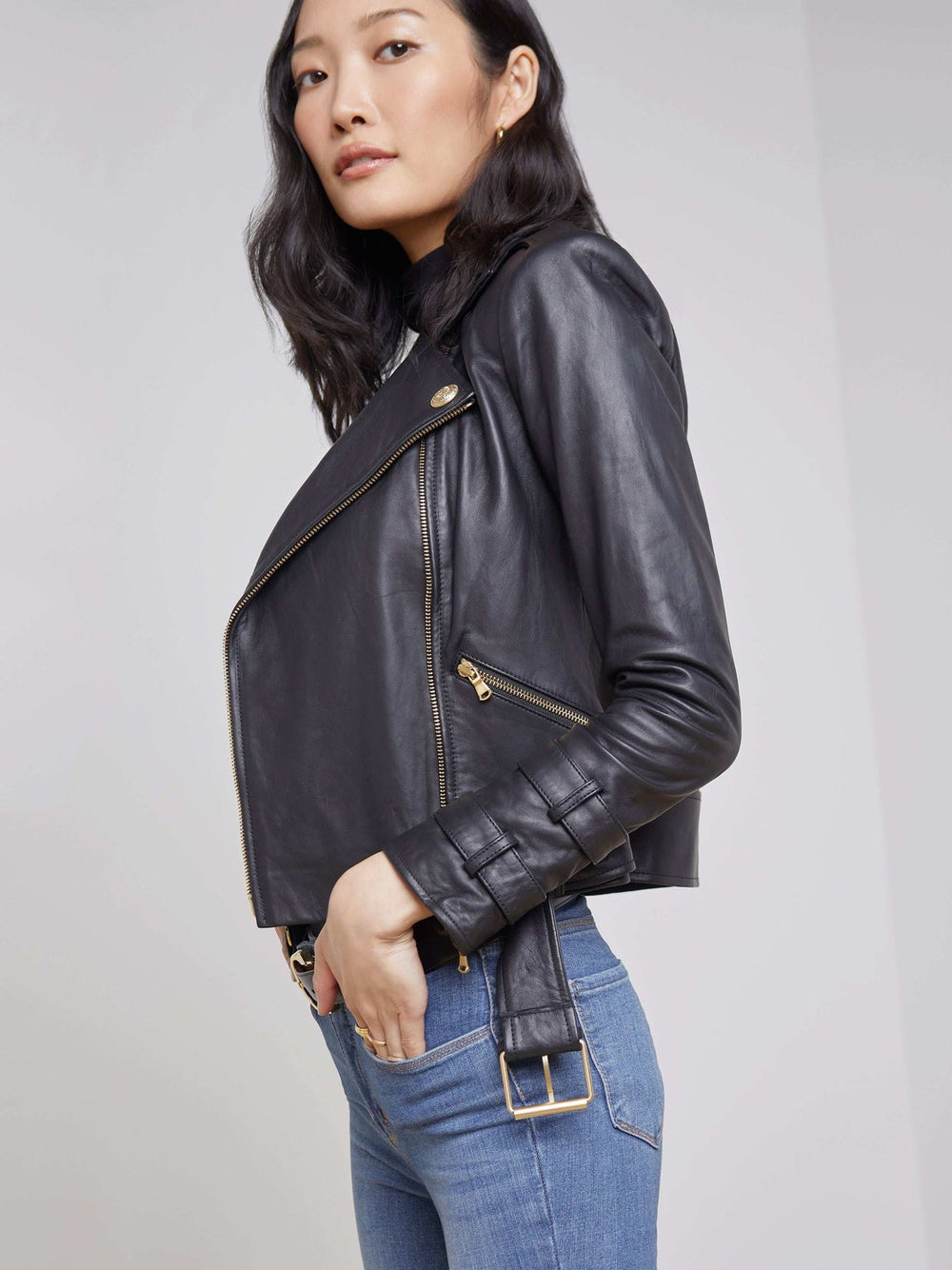 Billie Belted Leather Jacket in Black | L'AGENCE discount