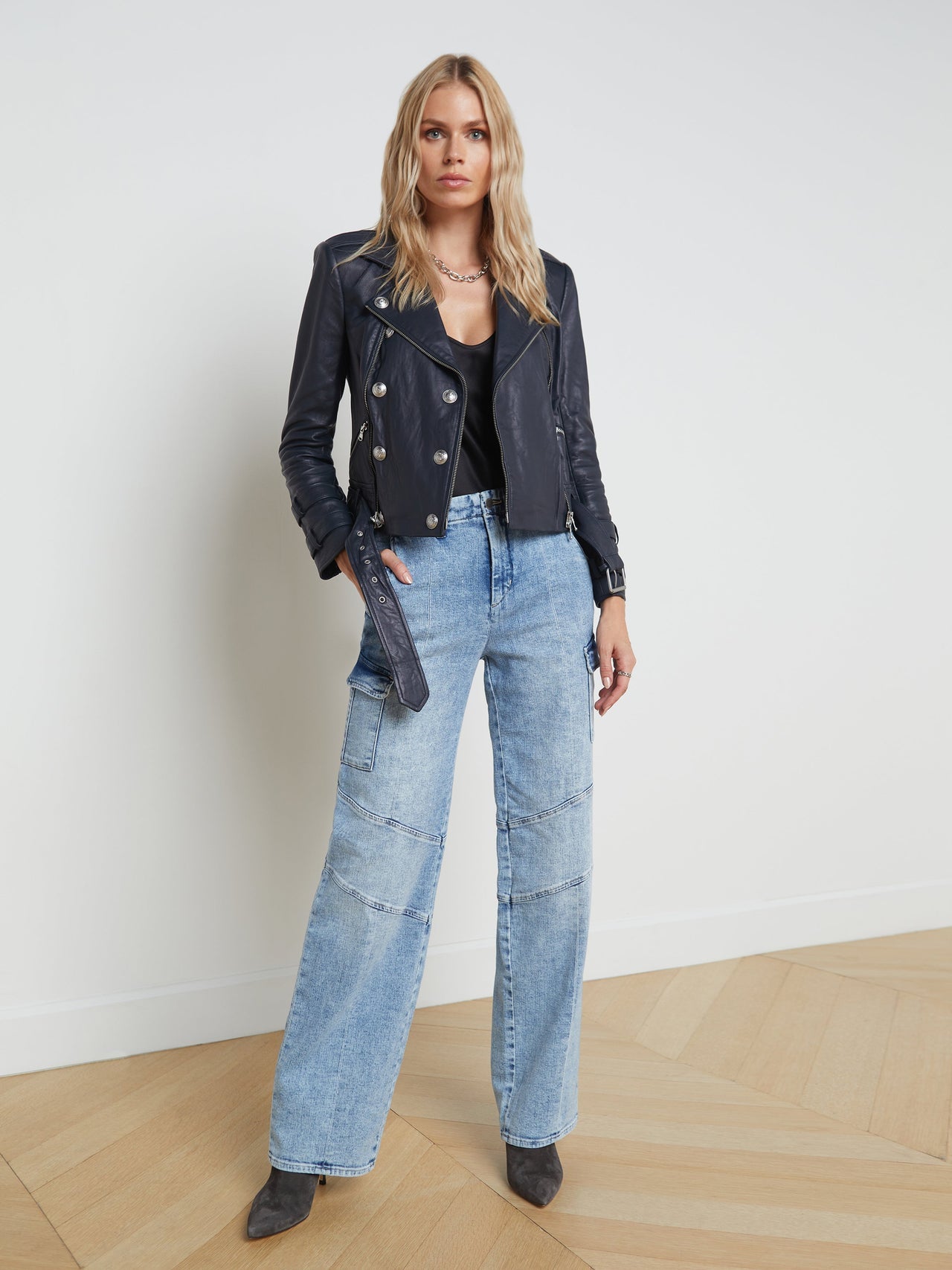 Billie Belted Leather Jacket in Midnight | L'AGENCE US