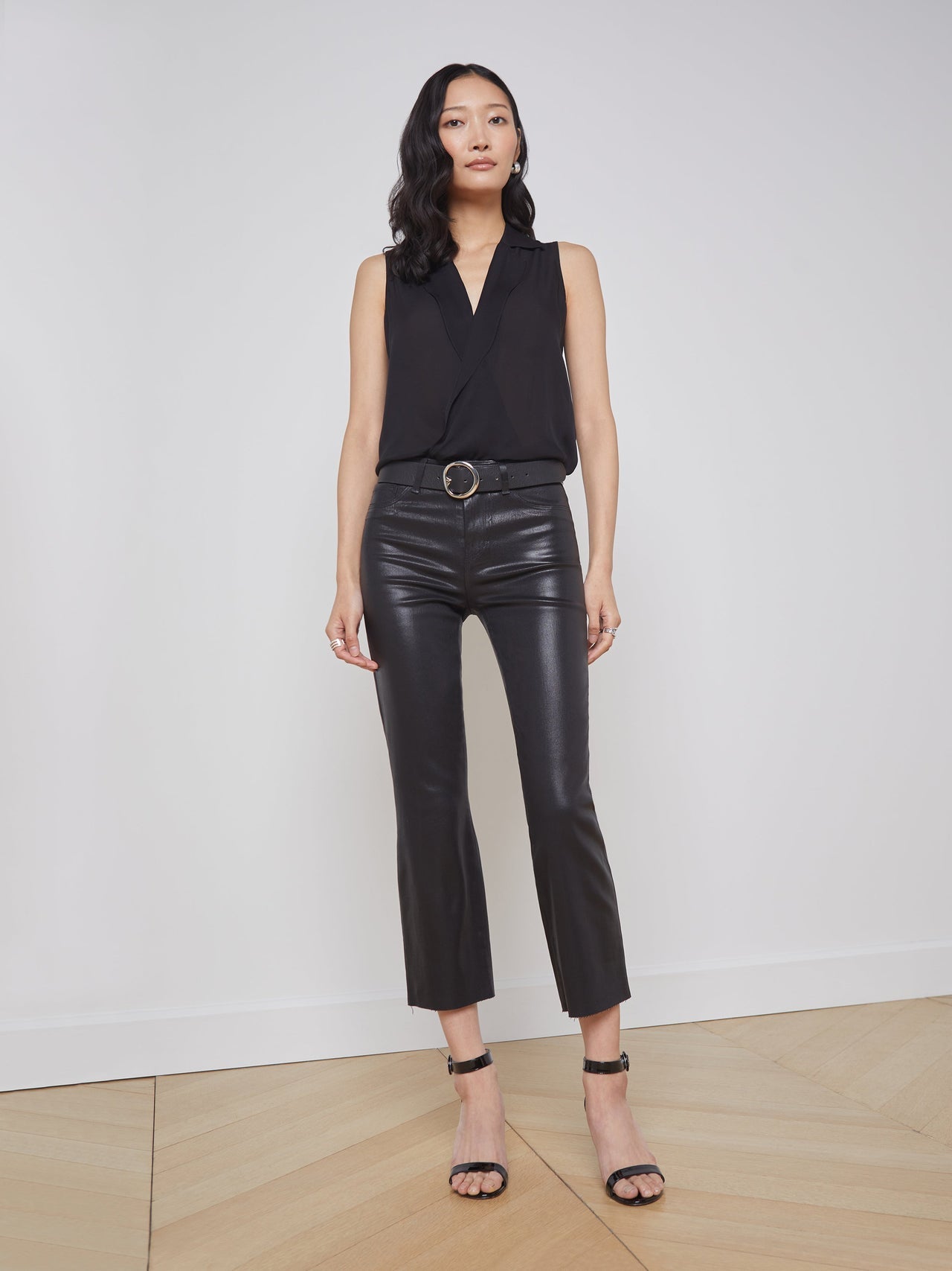 Kendra Coated Cropped Flared Crop Jean in Noir Coated | L'AGENCE for sale