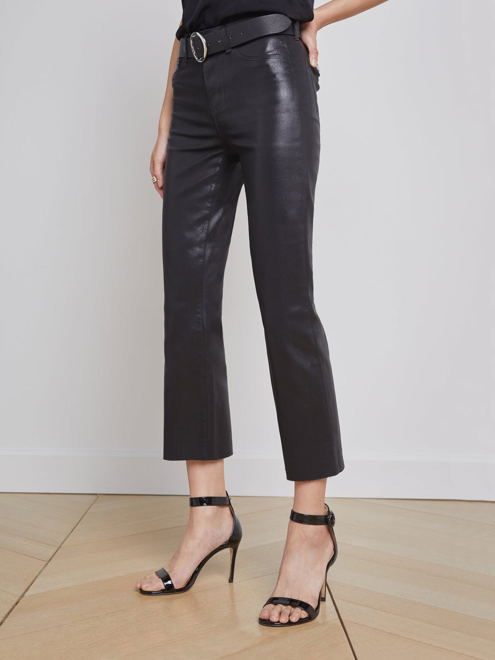 Kendra Coated Cropped Flared Crop Jean in Noir Coated | L'AGENCE for sale