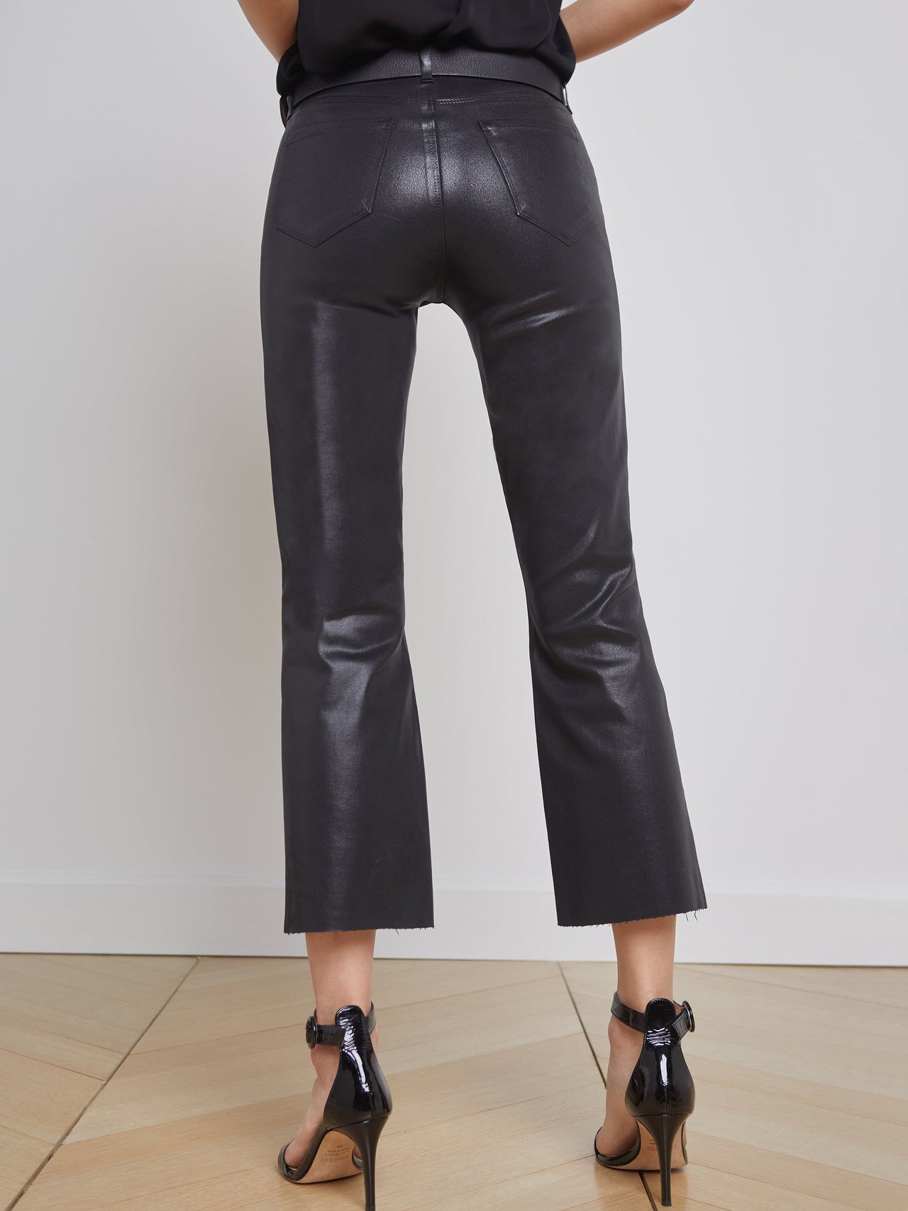 Kendra Coated Cropped Flared Crop Jean in Noir Coated | L'AGENCE for sale