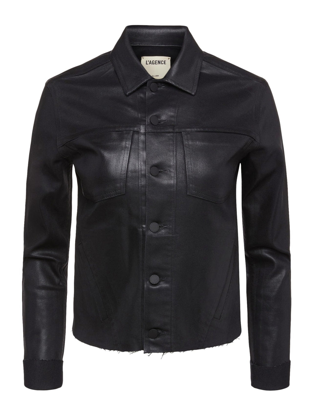Janelle 3/4 Sleeve Coated Jean Jacket in Saturated Black Coated | L'AGENCE Women