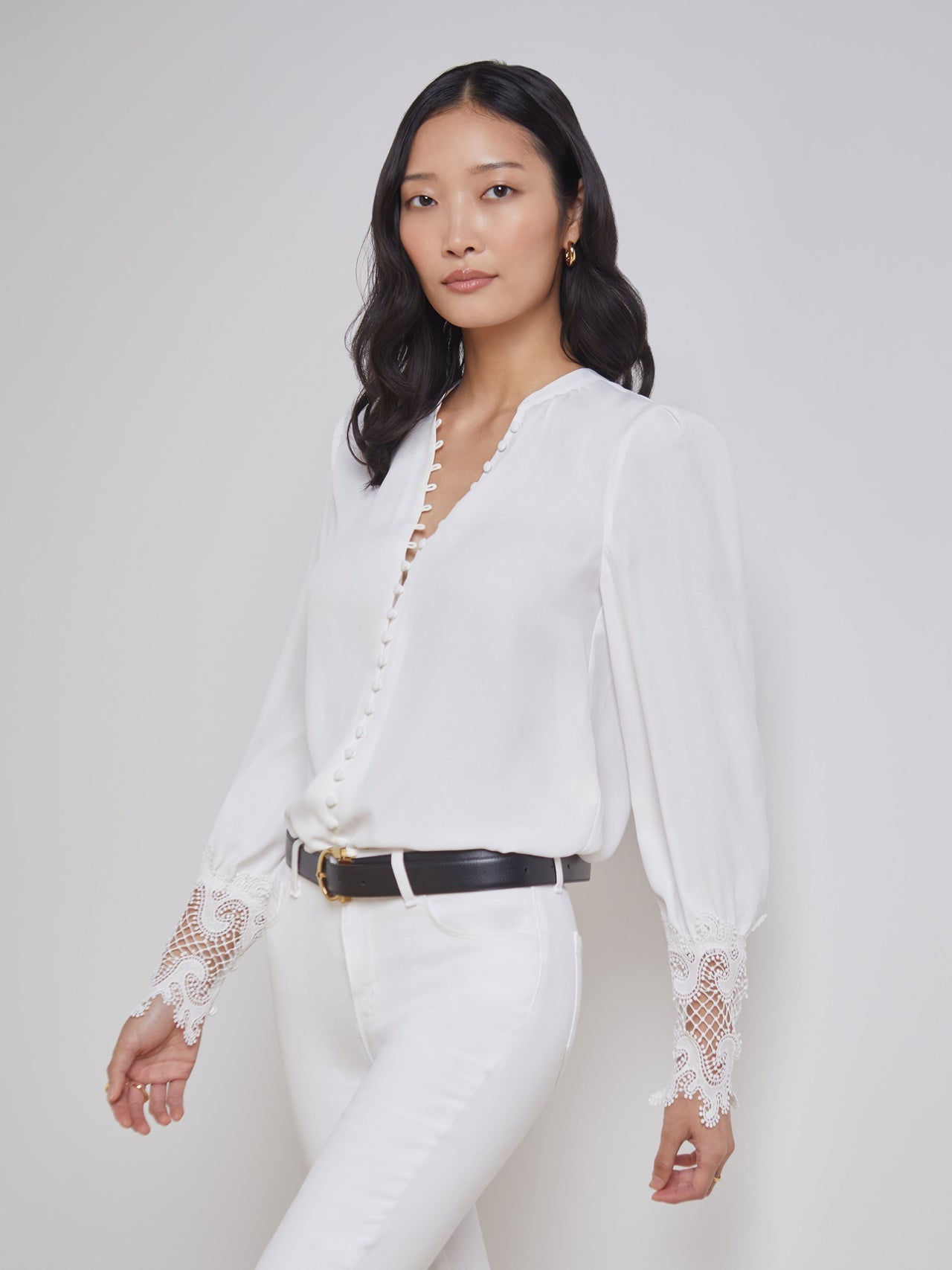Ava Lace Cuff Blouse in Ivory | L'AGENCE sale
