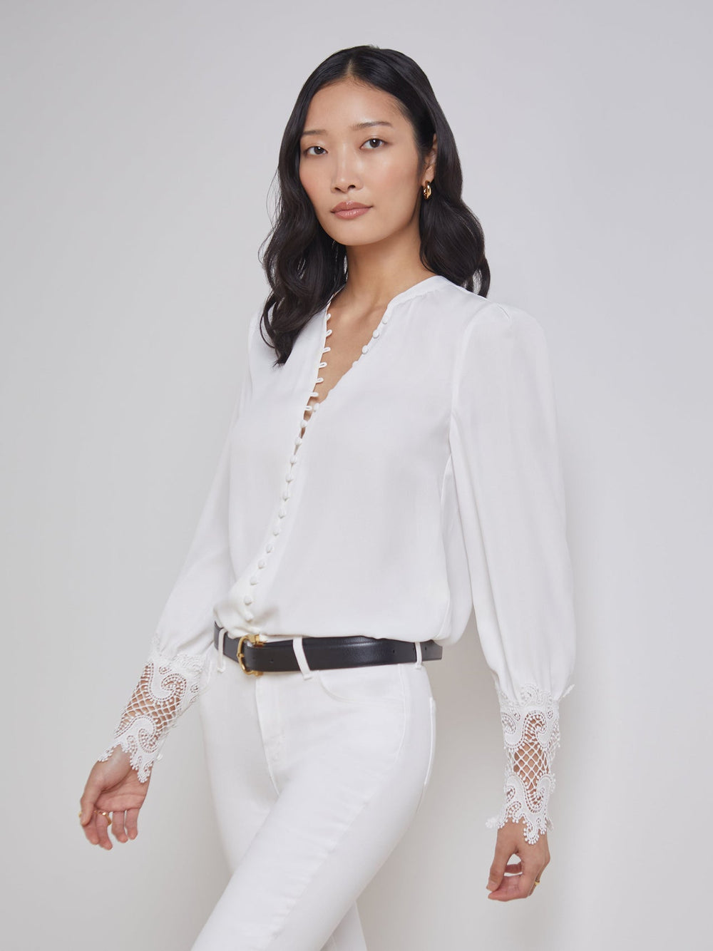 Ava Lace Cuff Blouse in Ivory | L'AGENCE sale