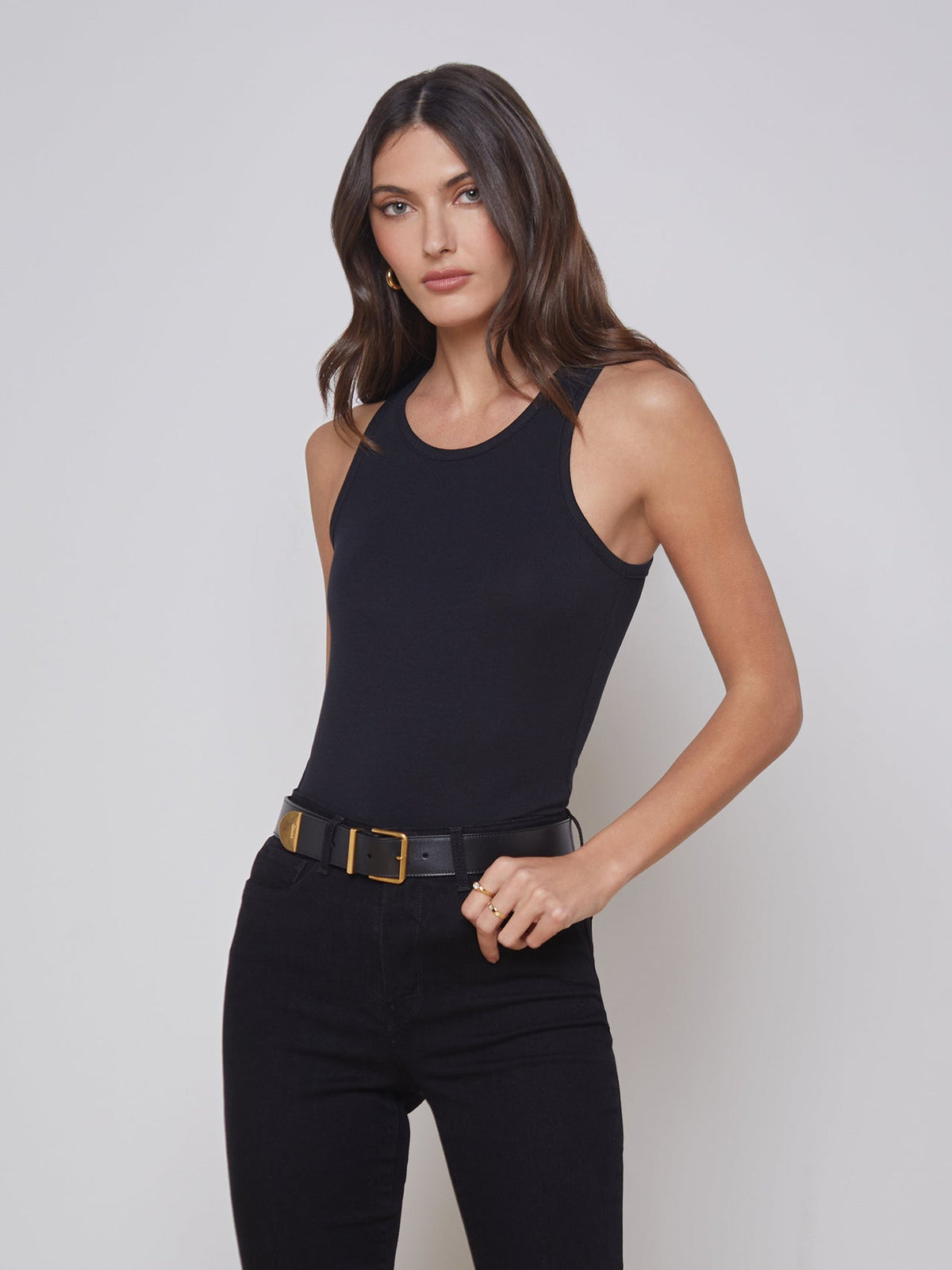Nia Ribbed Racerback Tank in Black | L'AGENCE sale