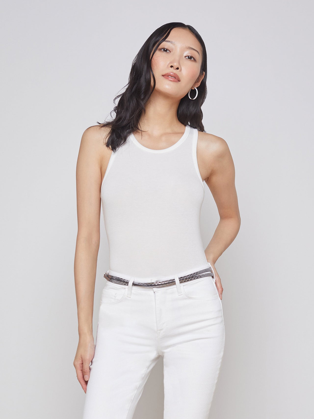 Nia Ribbed Racerback Tank in White | L'AGENCE online