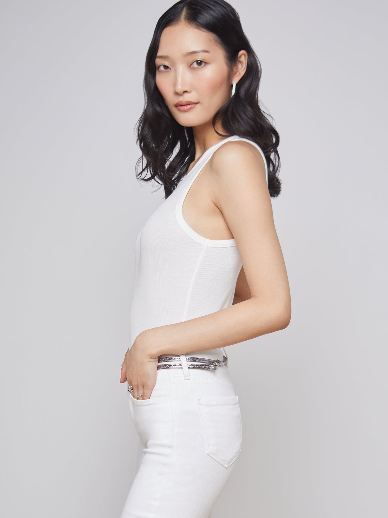 Nia Ribbed Racerback Tank in White | L'AGENCE online