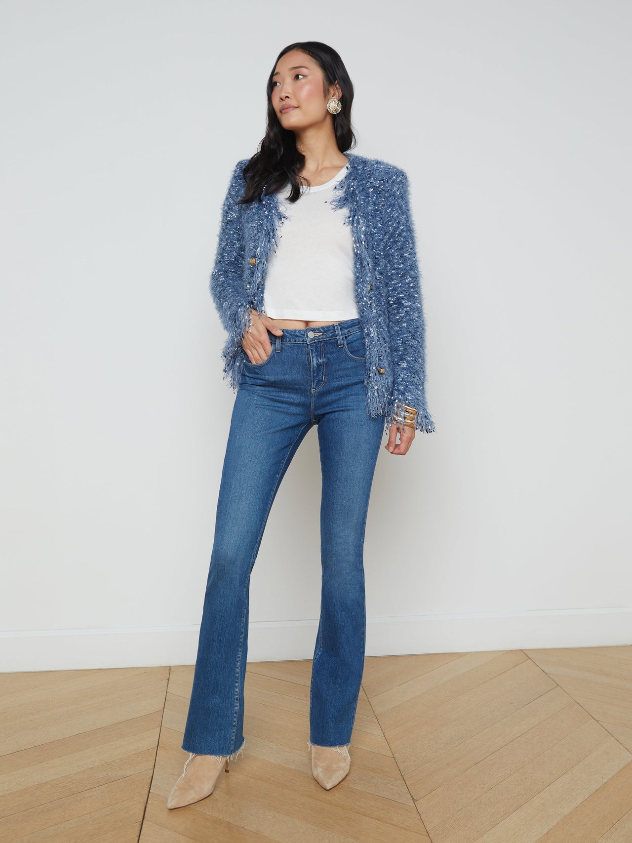 Azure Fringe Cardigan Blazer in Blue Multi | L'AGENCE US