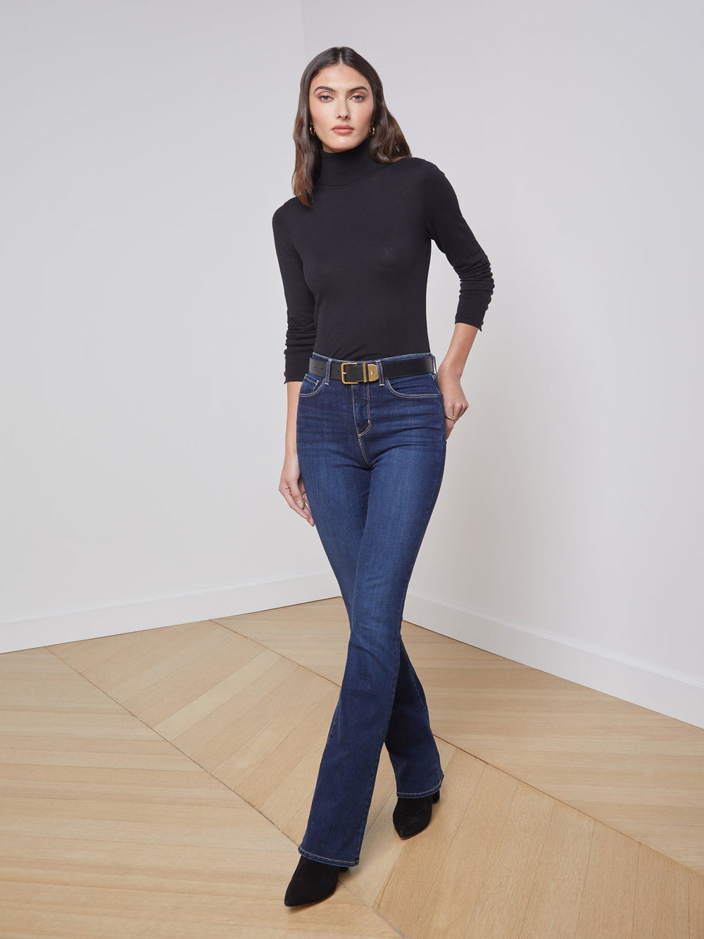 Flora Long Sleeve Turtleneck in Black/Black | L'AGENCE sale