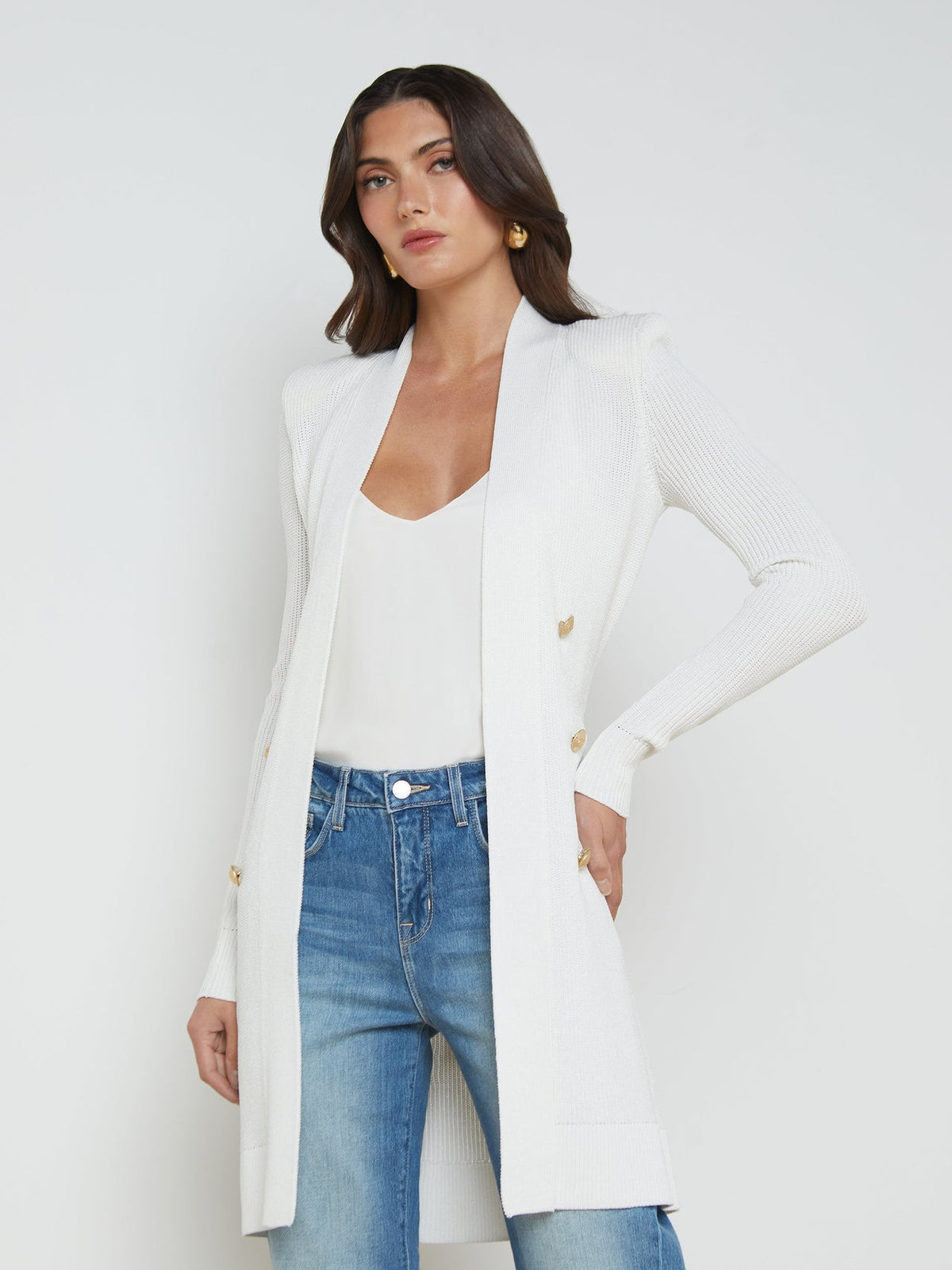 Noe Double-Breasted Cardigan in White | L'AGENCE for sale