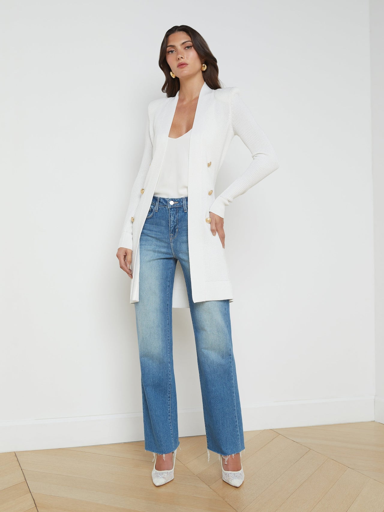 Noe Double-Breasted Cardigan in White | L'AGENCE for sale