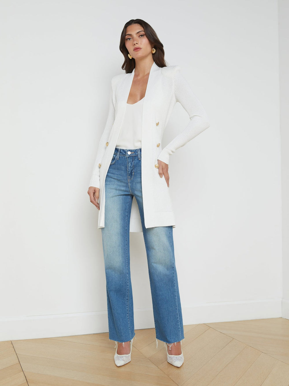 Noe Double-Breasted Cardigan in White | L'AGENCE for sale