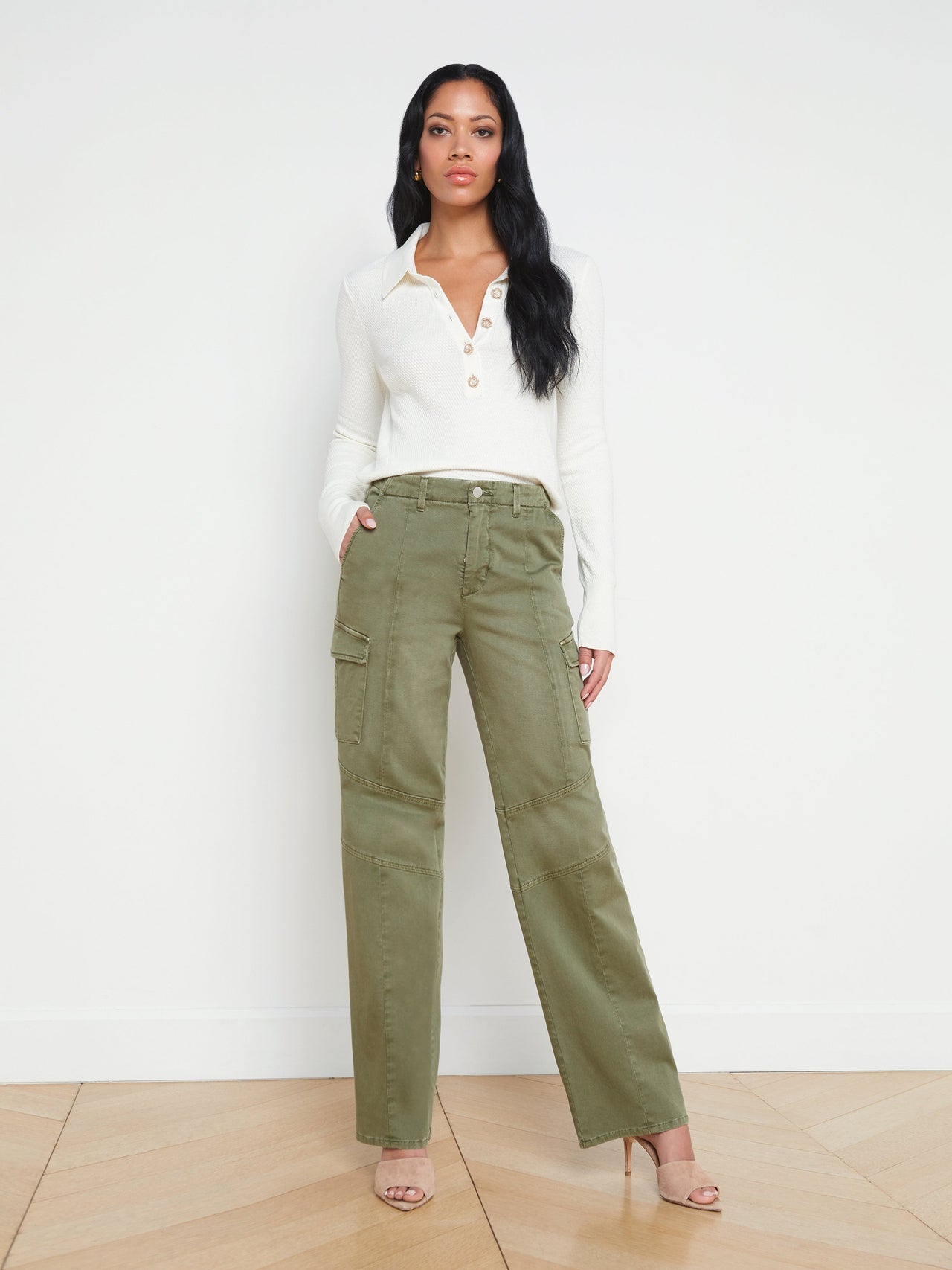 Sterling Long Sleeve Sweater in Ivory/Jewel Button | L'AGENCE Women