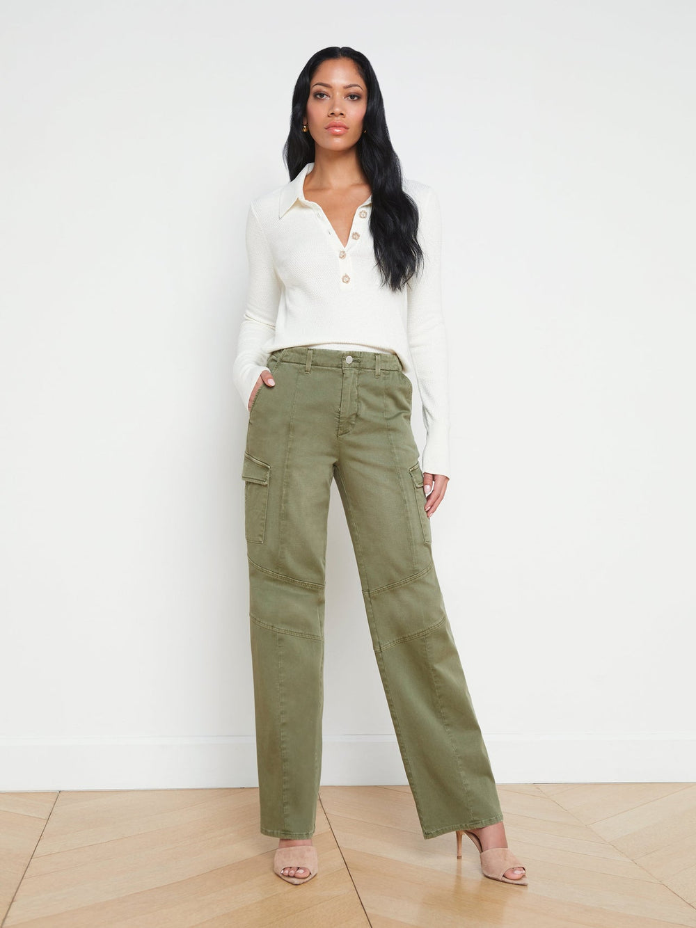 Sterling Long Sleeve Sweater in Ivory/Jewel Button | L'AGENCE Women
