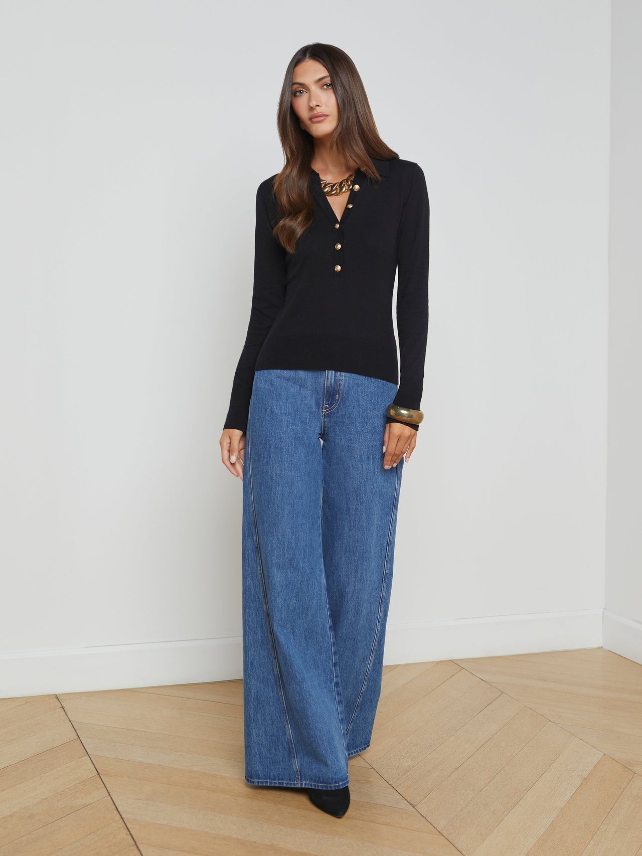 Sterling Long Sleeve Sweater in Black/Gold | L'AGENCE sale