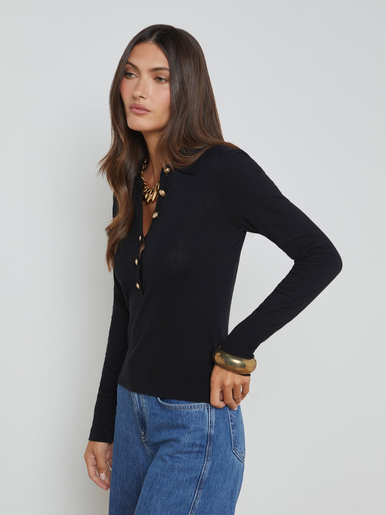 Sterling Long Sleeve Sweater in Black/Gold | L'AGENCE sale