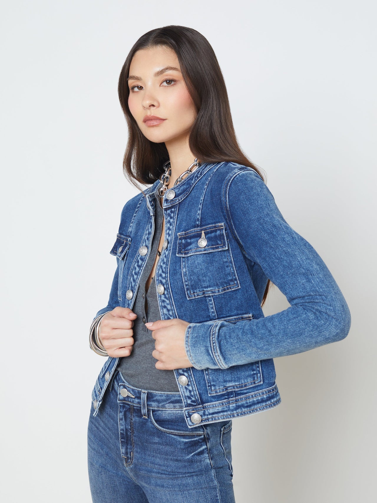 Yari Collarless Jean Jacket in Rhodes | L'AGENCE sale