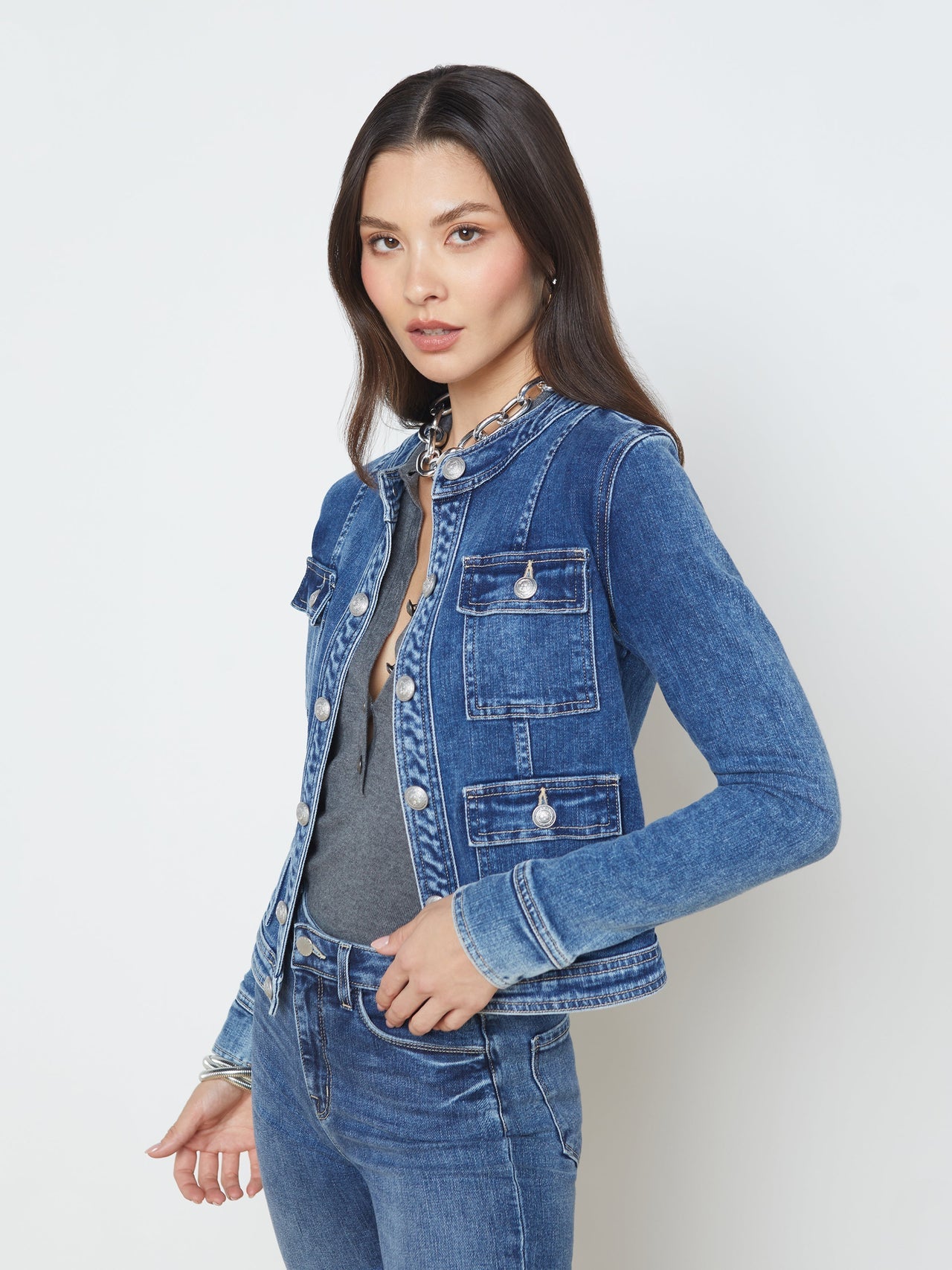 Yari Collarless Jean Jacket in Rhodes | L'AGENCE sale