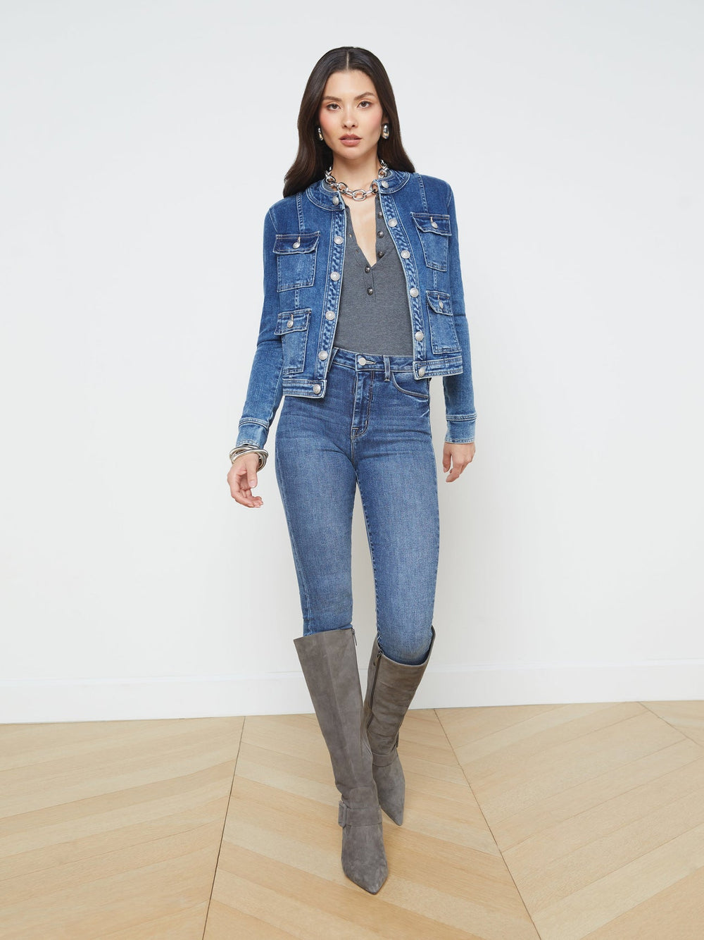 Yari Collarless Jean Jacket in Rhodes | L'AGENCE sale