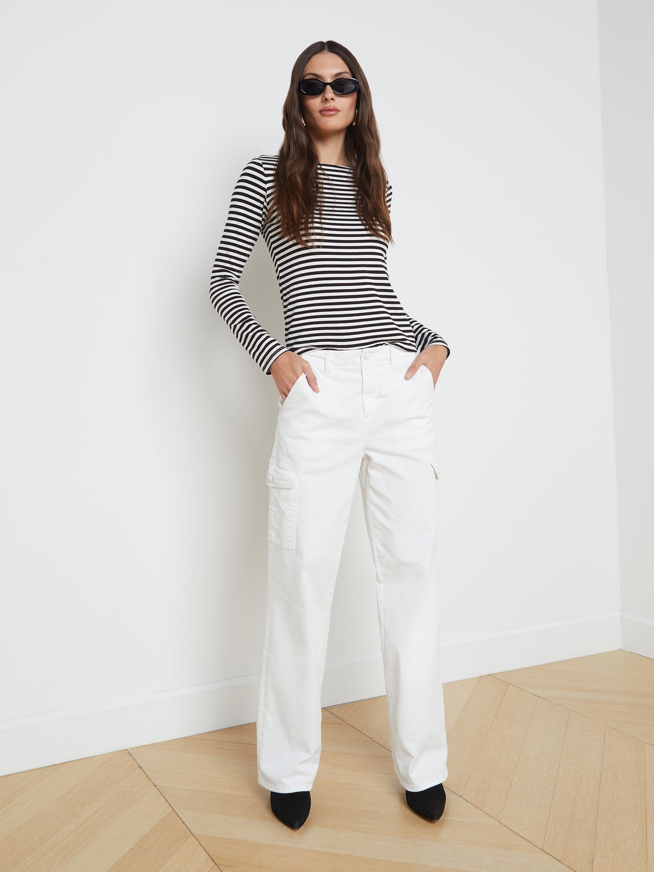Tess Long Sleeve Tee in Black/White Stripe | L'AGENCE discount