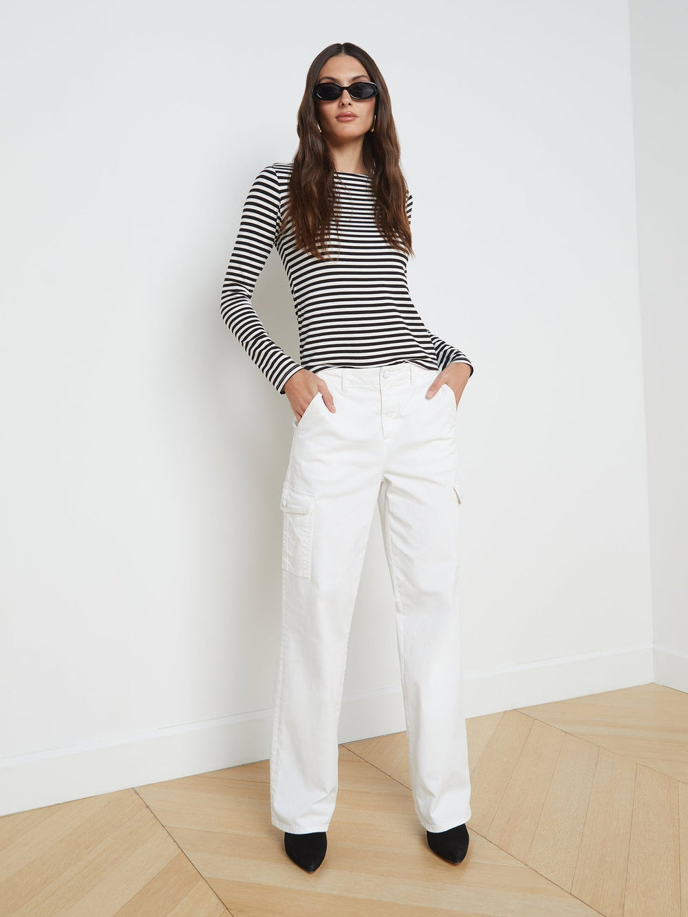 Tess Long Sleeve Tee in Black/White Stripe | L'AGENCE discount