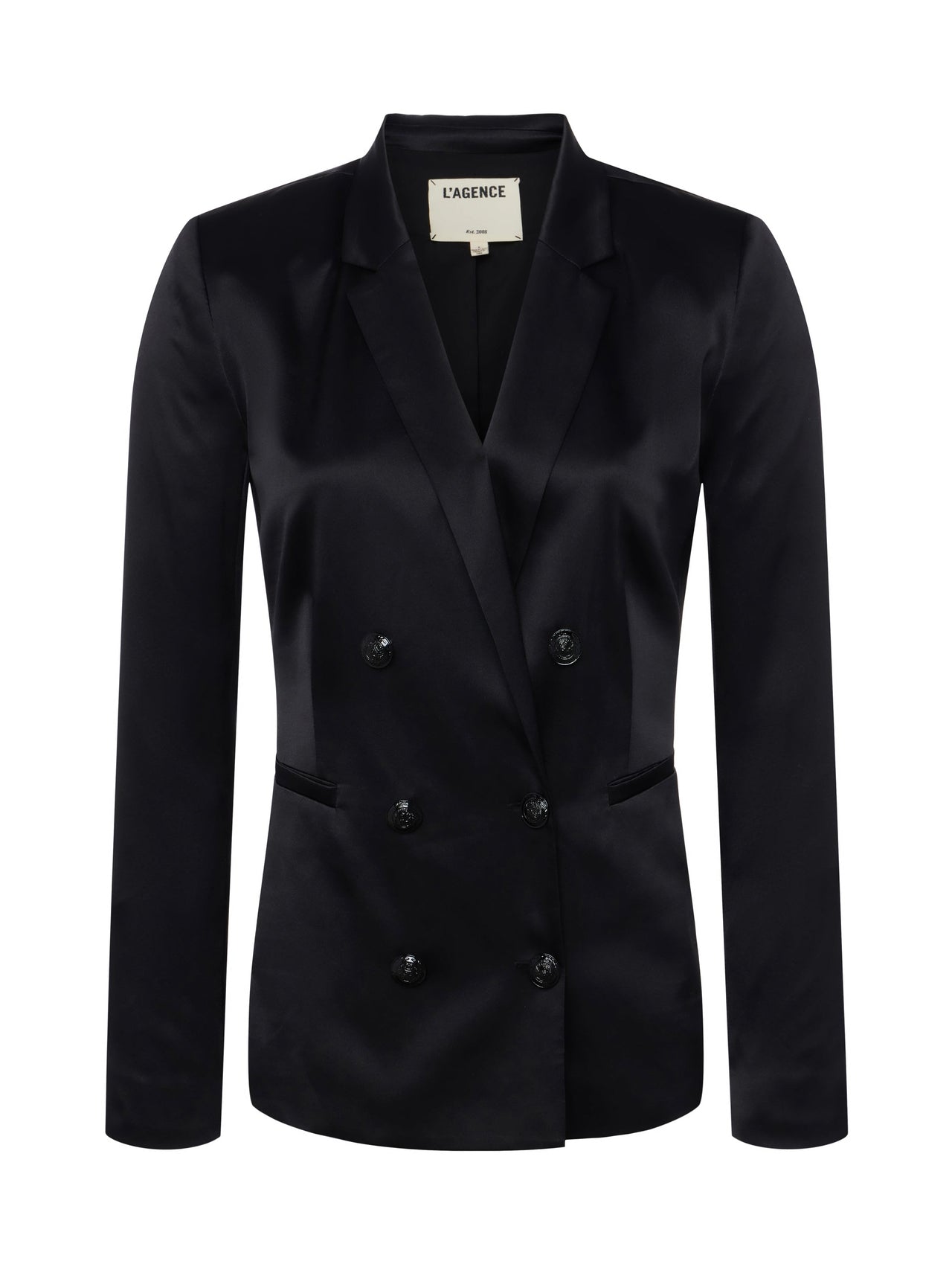 Colin Double Breasted Silk Charmeuse Blazer in Black | L'AGENCE near me