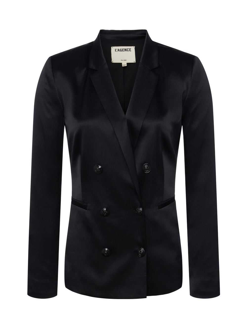 Colin Double Breasted Silk Charmeuse Blazer in Black | L'AGENCE near me