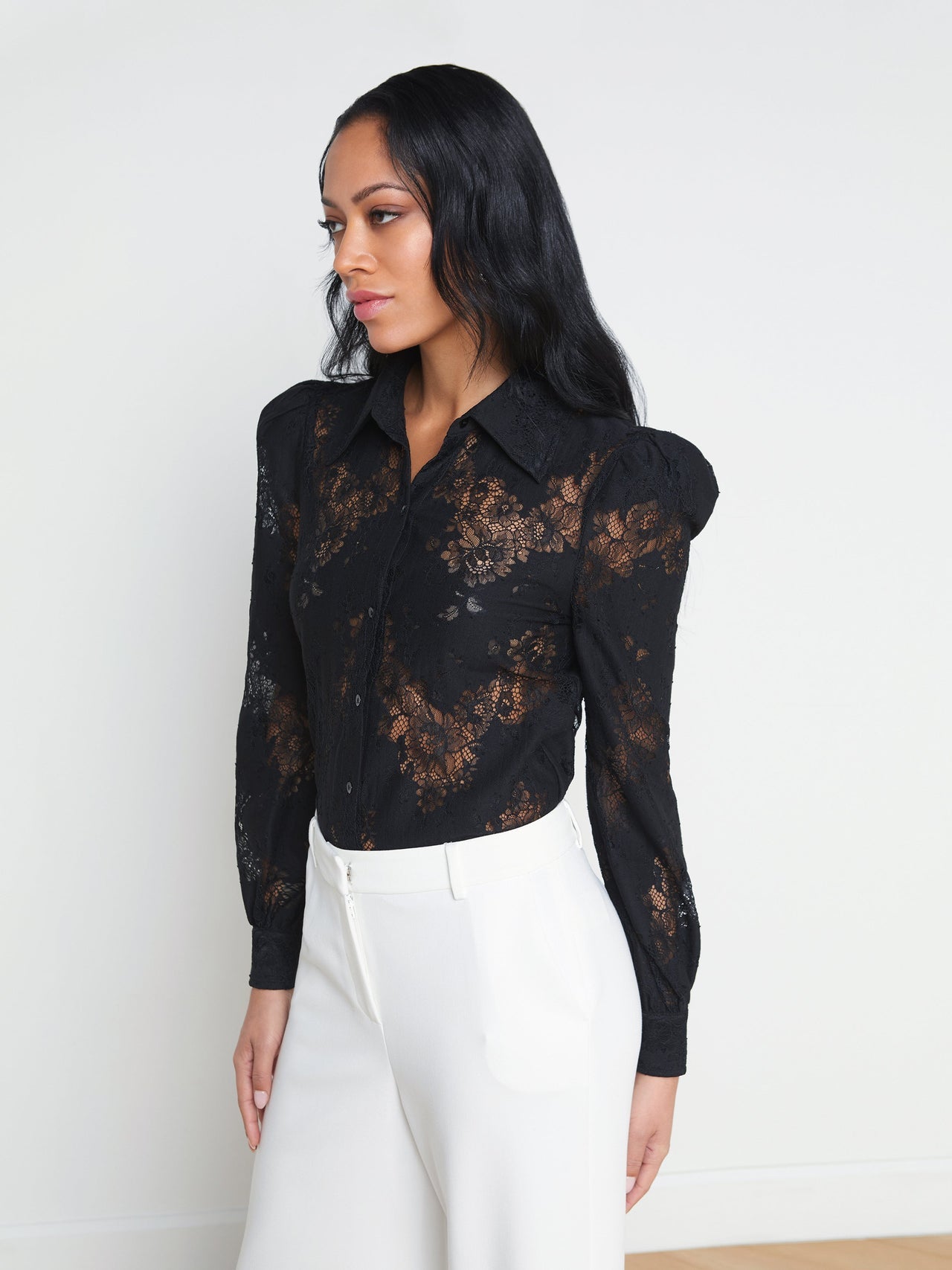 Jenica Puff Sleeve Lace Blouse in Black | L'AGENCE Women