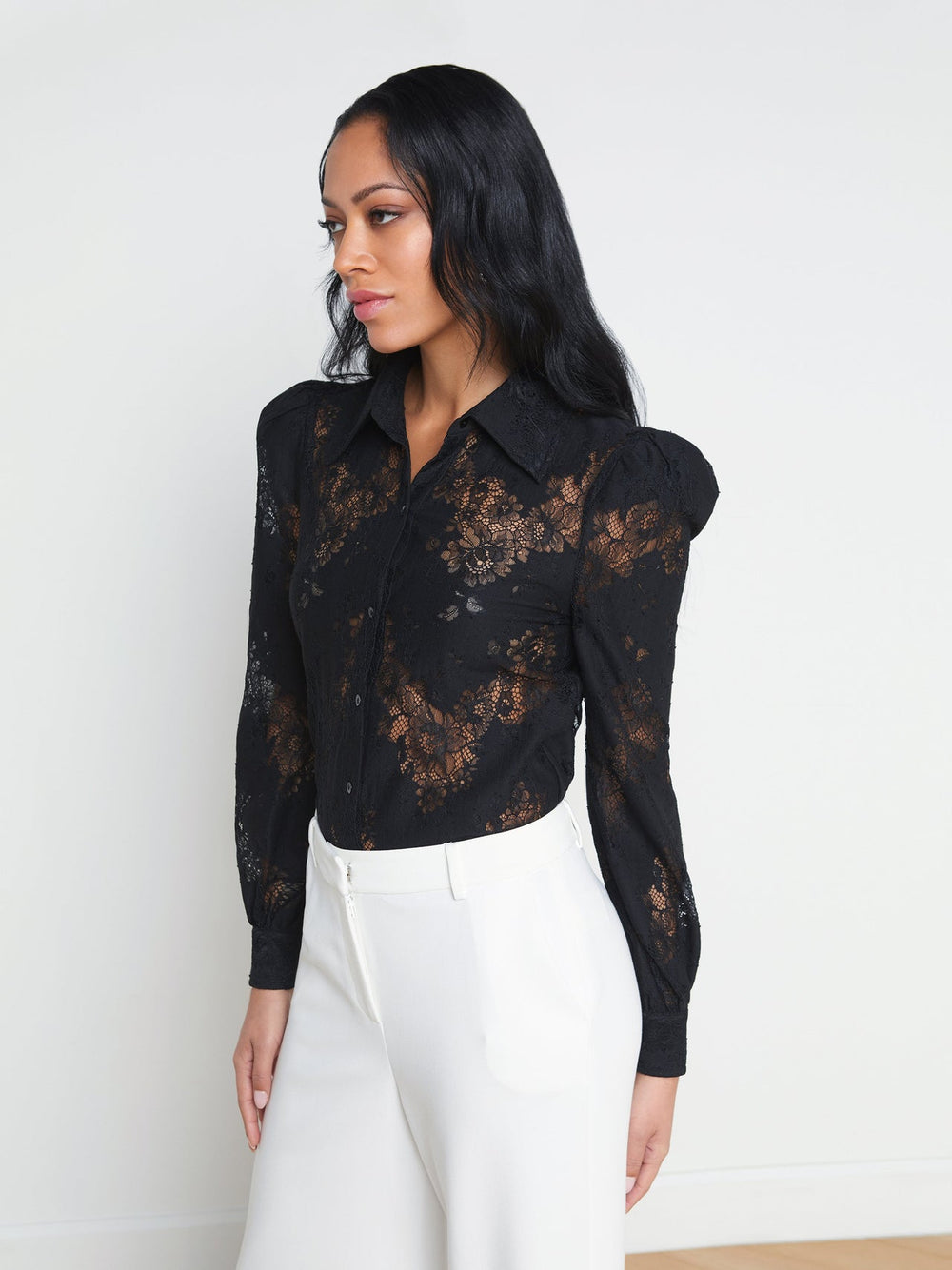 Jenica Puff Sleeve Lace Blouse in Black | L'AGENCE Women