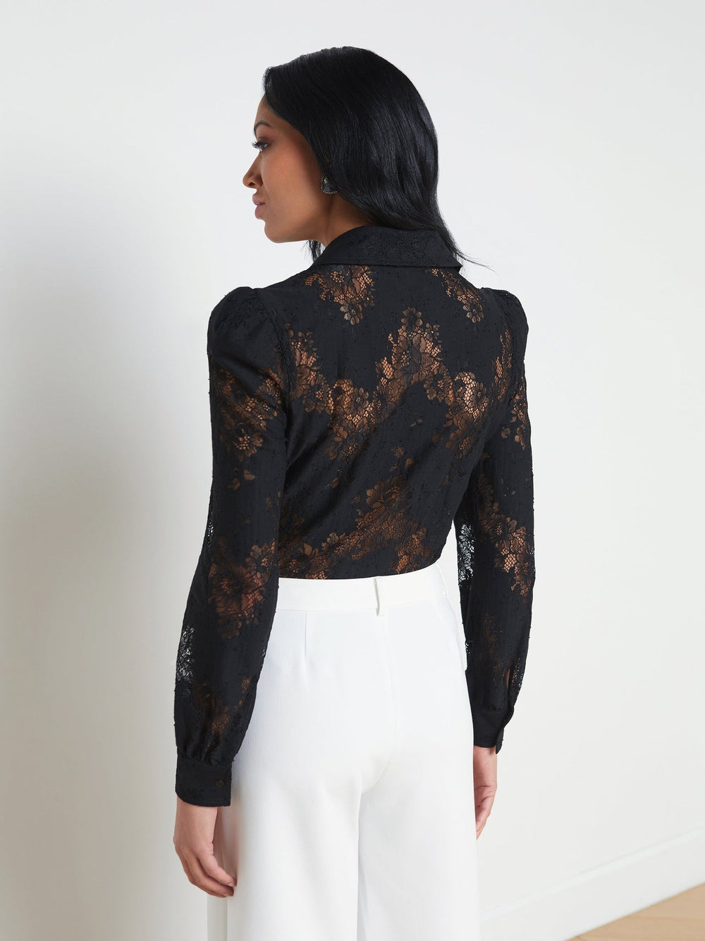 Jenica Puff Sleeve Lace Blouse in Black | L'AGENCE Women